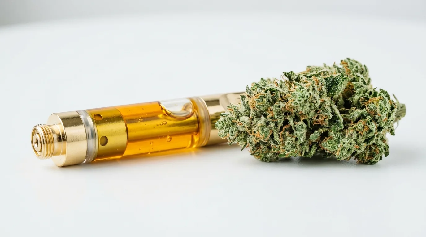Gold vape cartridge with amber oil in a clear tank beside a manicured cannabis bud on seamless white.