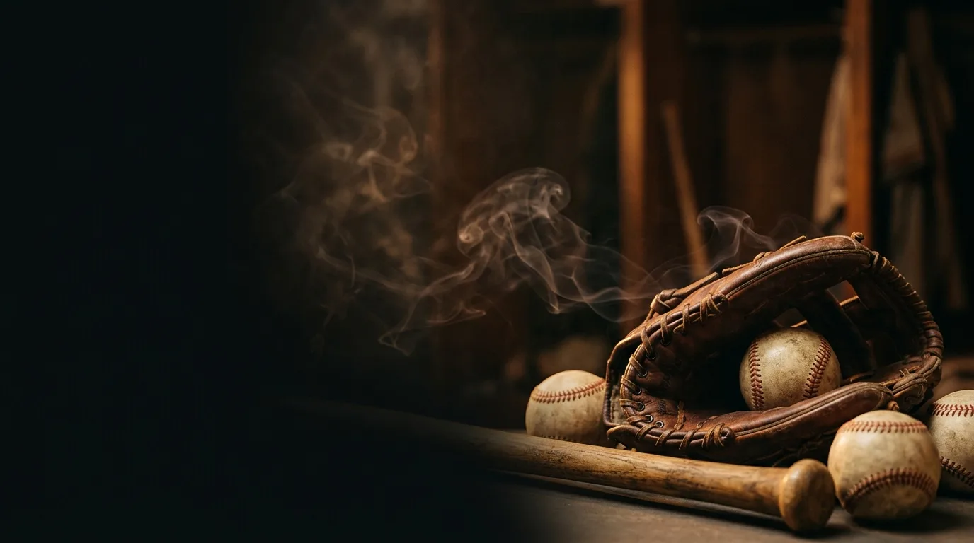 Well-worn leather baseball glove with baseballs and a wooden bat handle in smoky locker-room light.