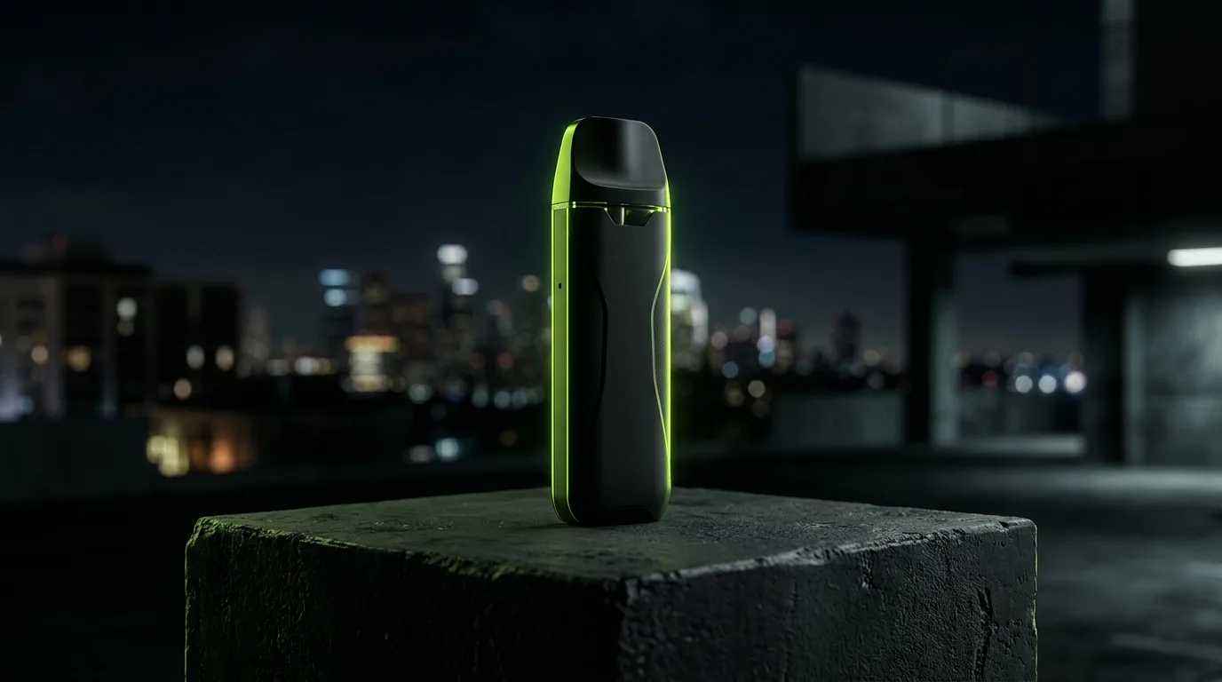 Matte black pod vape with neon green accent lighting on a stone block, blurred city lights behind.