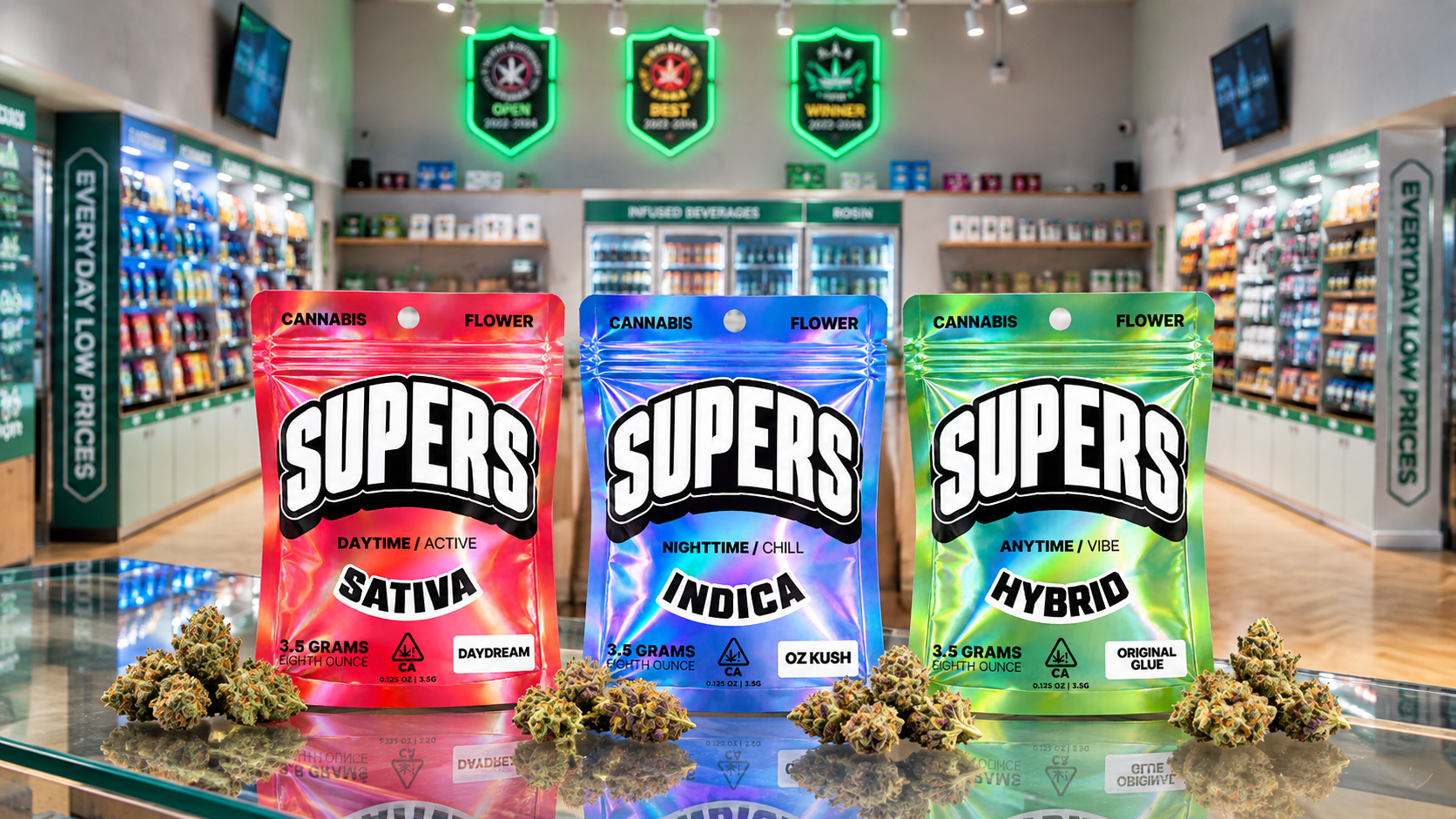 Supers Daydream, OZ Kush, and Original Glue cannabis flower packages displayed with flower buds inside a Wellgreens store.