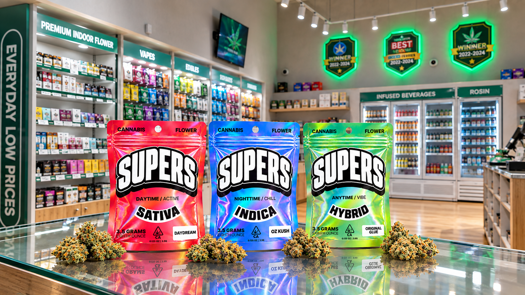 Supers Sativa, Indica, and Hybrid cannabis flower packages displayed with flower buds inside a Wellgreens store.
