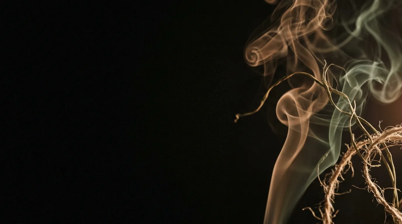 Smoke rising from twisted hemp-colored fibers against black with warm highlights along the plume.
