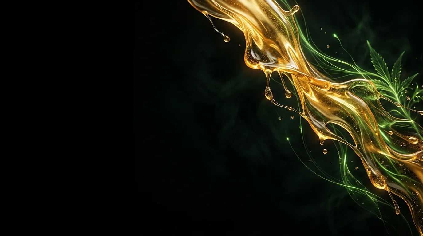 Golden viscous liquid flowing with a green cannabis leaf and glowing green wisps on a black background.