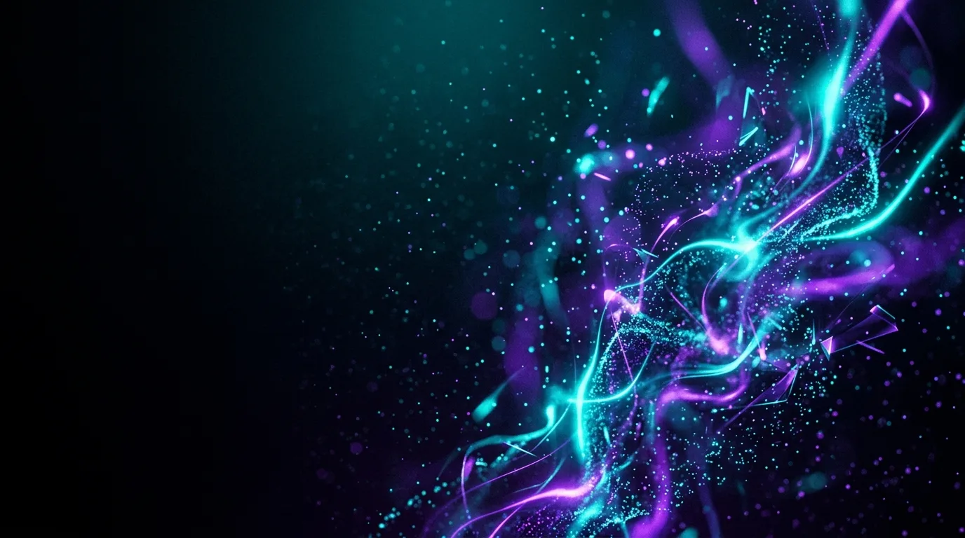 Cyan and magenta light ribbons with particles and small crystalline shards on a dark background.