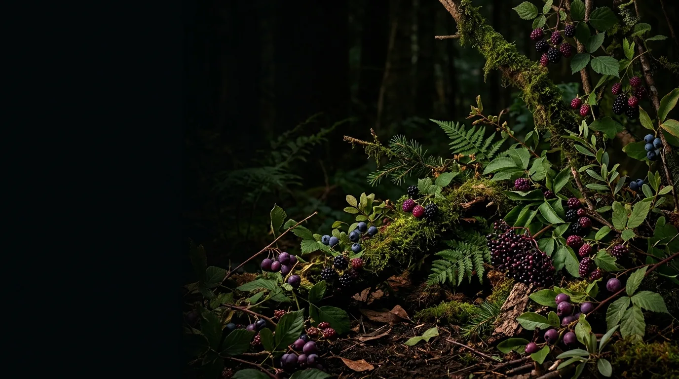 Mossy branch laden with wild berries and ferns in a dim forest with deep shadows on the left.